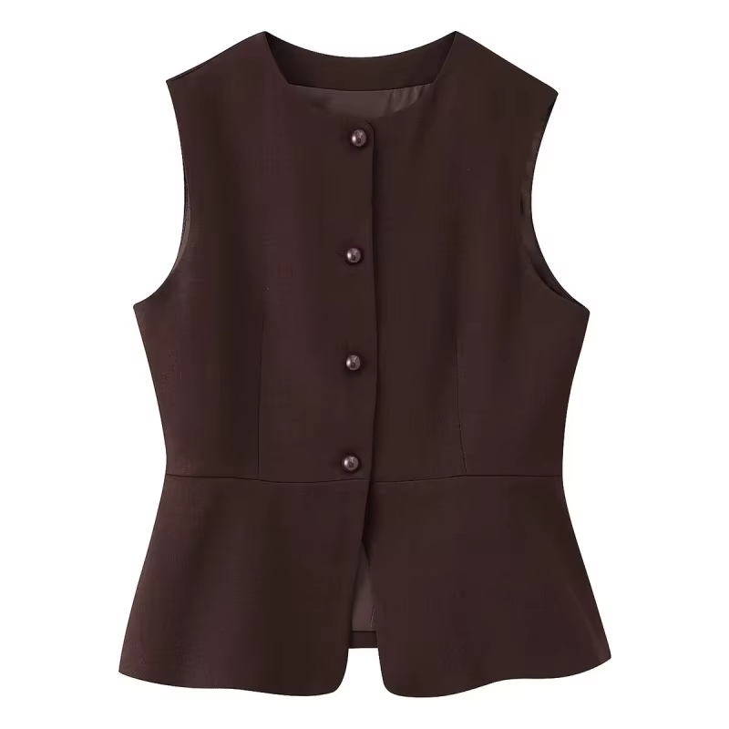ETJ automne 2025 femmes élégant mode couleur unie col rond gilet tempérament polyvalent bouton up gi