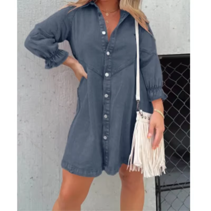 Robe chemise en jean pour femme, col rabattu, manches lanterne, simple boutonnage, ligne A, robe édu
