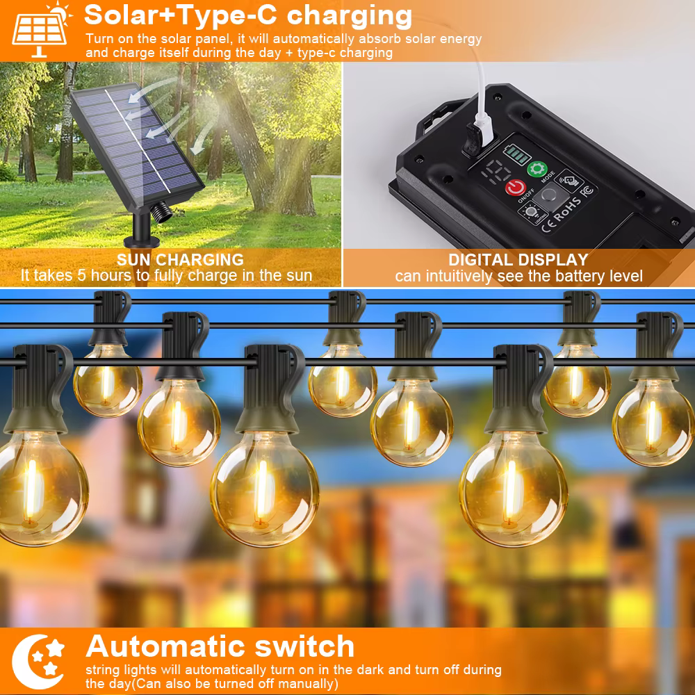 Guirlande lumineuse solaire d'extérieur G40, guirlande lumineuse solaire LED 24V, lumières suspendue