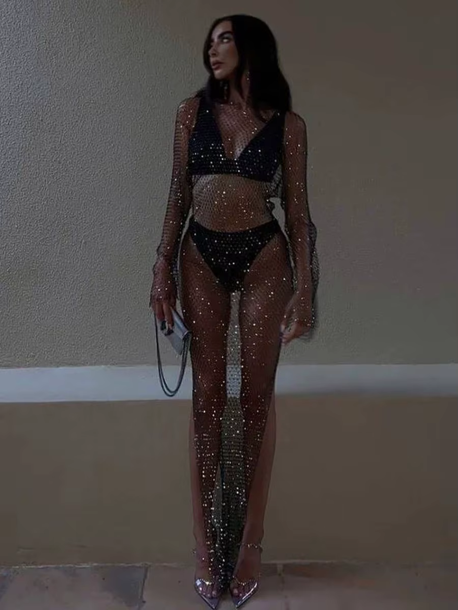 Robe en résille à grille de strass brillants, manches longues, col rond, fente latérale creuse, Sexy