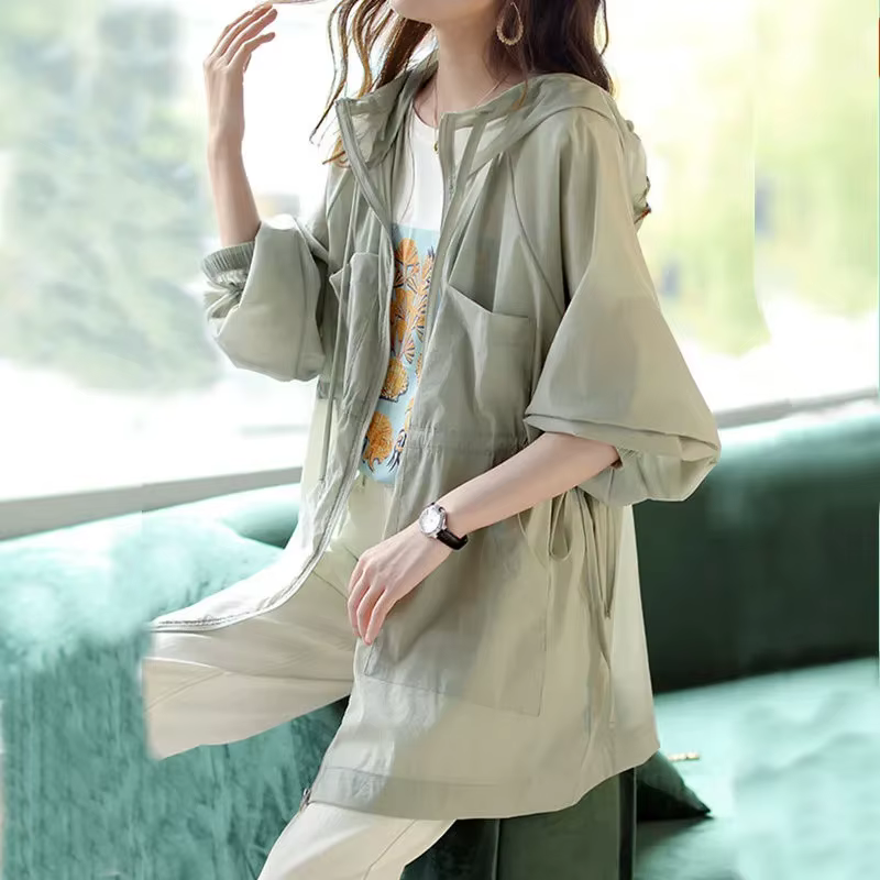 Lightweight Hooded Sunscreen Jacket Women's Mid-Long White Windbreaker Waist-Breathable Summer 2022 