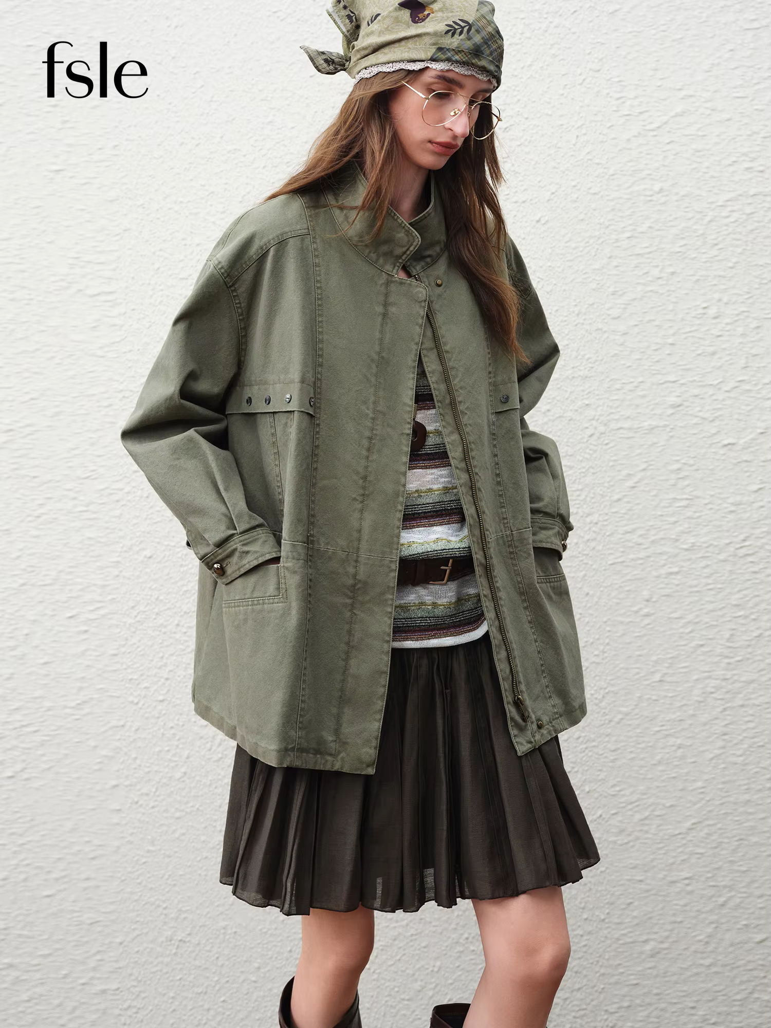 FSLE【Série Premium】Veste Courte Cargo Rétro Femme Printemps 2026 Col Montant Style Urbain Oversize