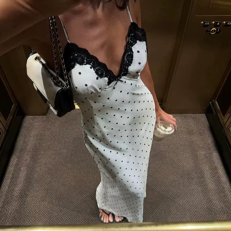 Tornova Sexy col en v à pois robe à bretelles pour les femmes mince français rétro dentelle épissure