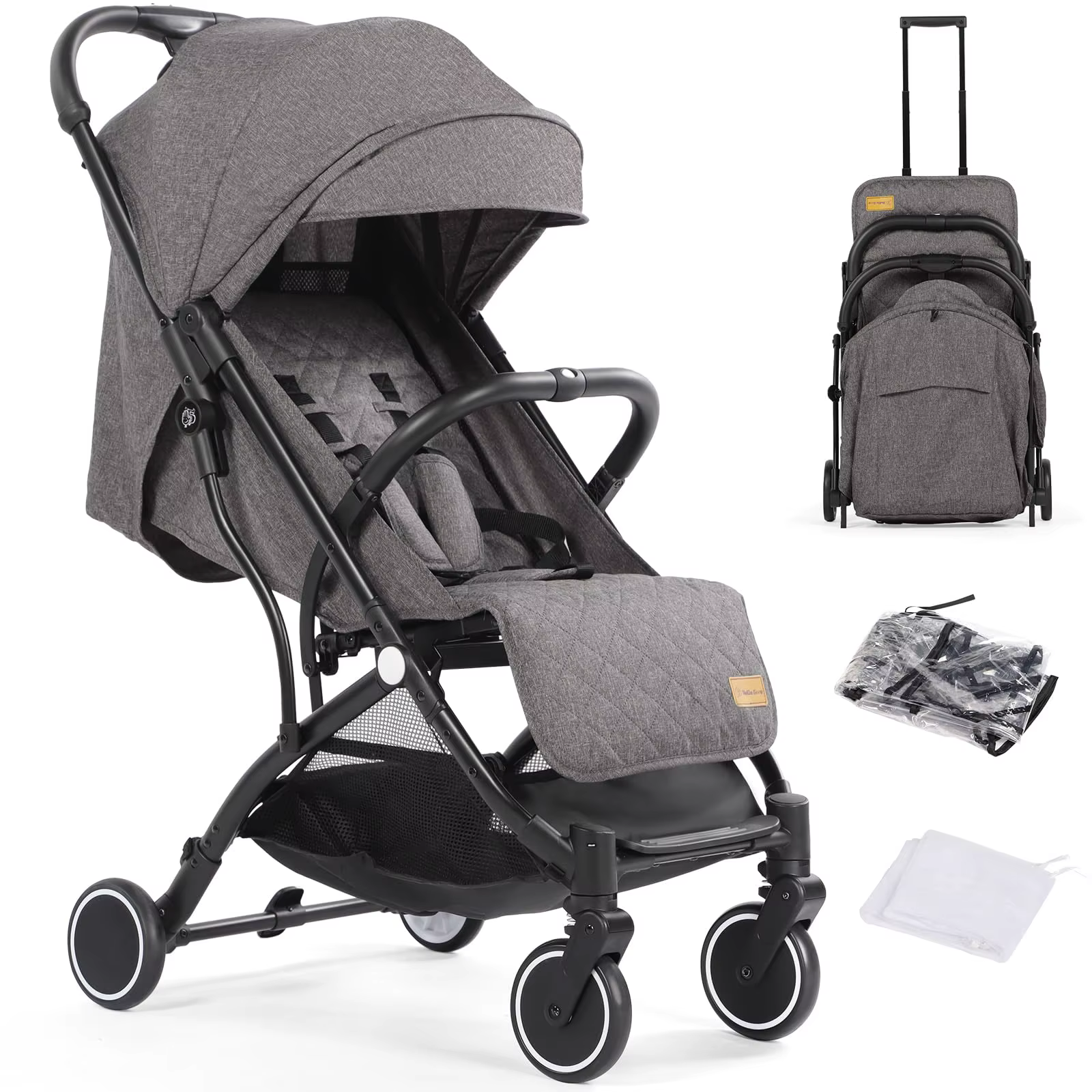 Poussette bébé, poussette compacte pliable d'une seule main avec housse de pluie et moustiquaire, po