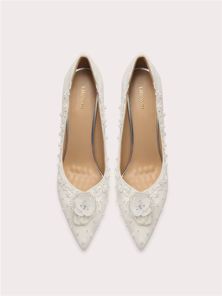 Printemps nouveau bout pointu dentelle peu profonde perle fleur tissu chaussures de mariage mince ta