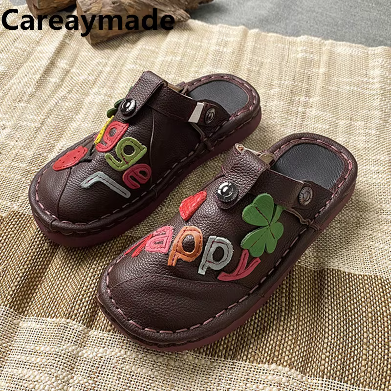 Careaymade-Pantoufles paresseuses cousues à la main pour femmes, cuir véritable, style ethnique, car