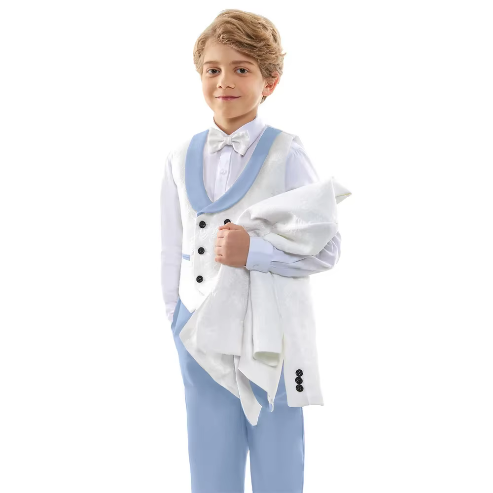 Costume formel classique 4 pièces pour garçons, blanc et bleu ciel contrasté, blazer, gilet et panta