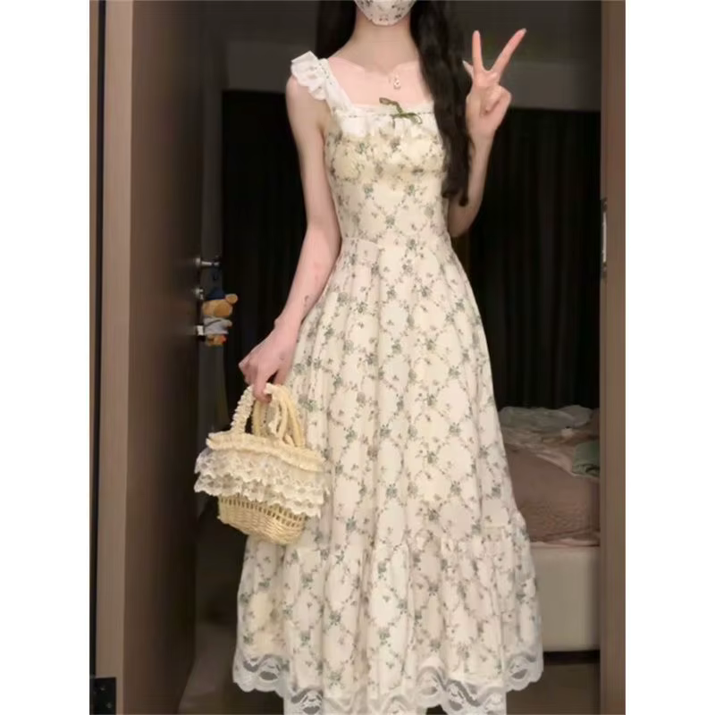 Robe imprimée pastorale française pour femmes, douce, douce, voyage d'été, plage, longue robe à carr
