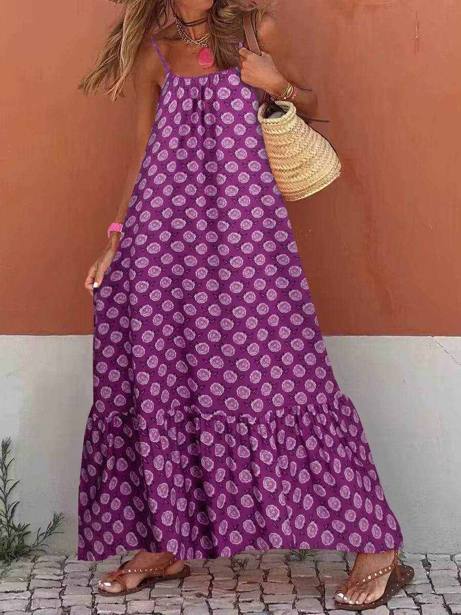 Robe longue style Boho pour femmes, sans manches, ample, imprimée, bretelles Spaghetti, robes fluide