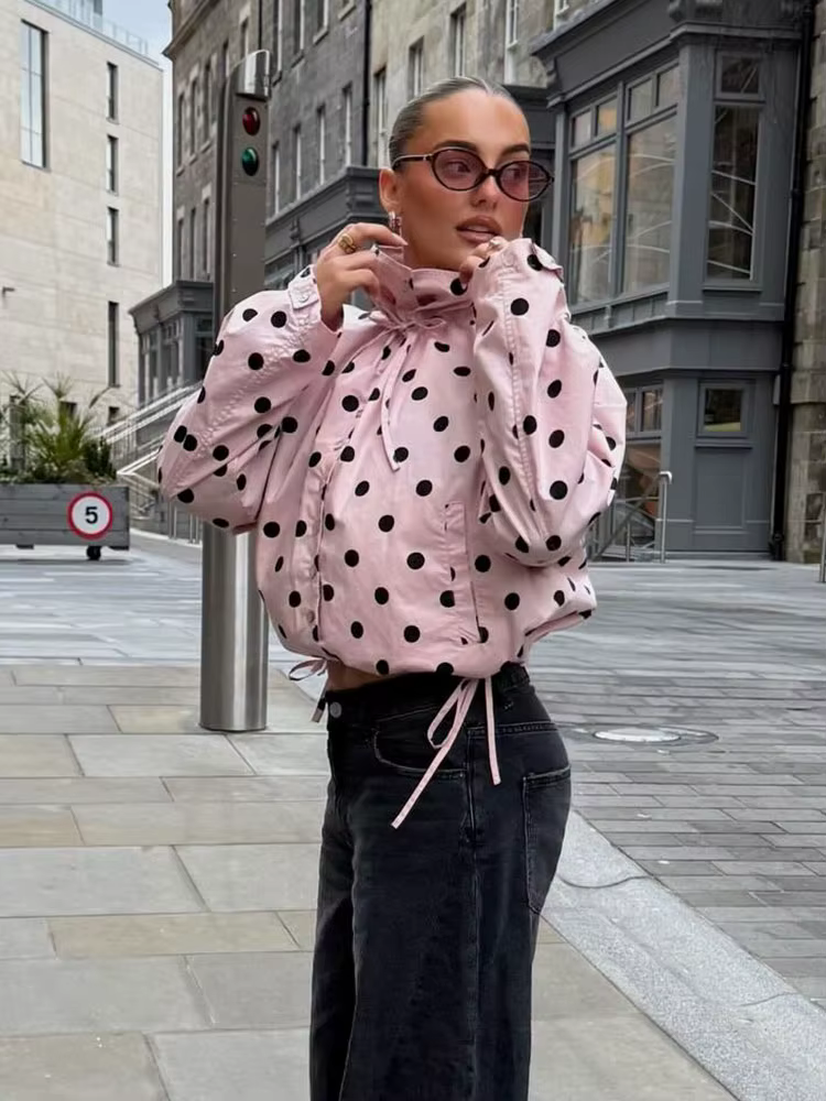 HH Tendance Printemps 2026 Manteaux Roses à Pois pour Femme, Col Roulé, Manches Longues, Boutons, St