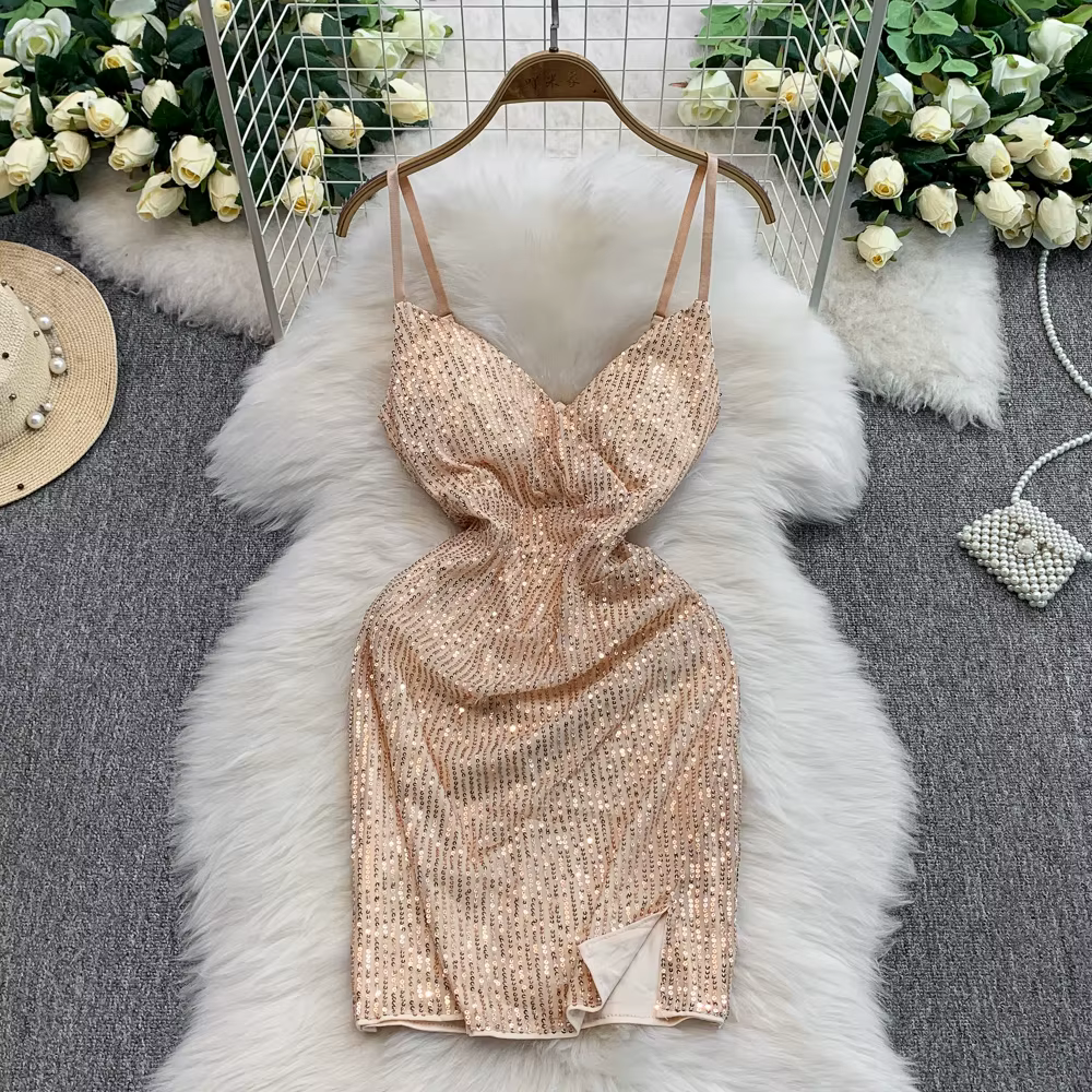 Foamlina Sexy paillettes scintillantes col en v robe à bretelles femmes été nouvelle taille haute mi