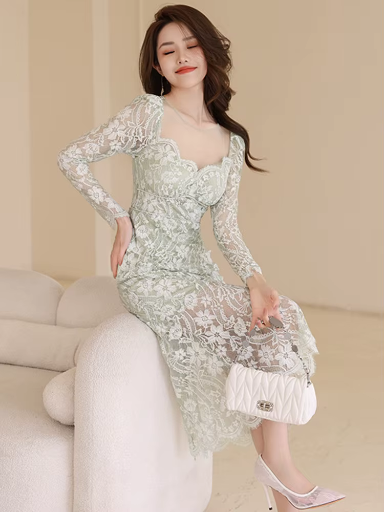 Robe maxi en dentelle transparente pour femme, robe de soirée, robe de vacances, dentelle transparen