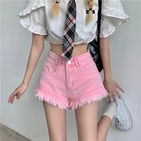 Short en Denim taille haute pour femmes, nouveau Design, jambes larges, ample, pompon en forme de A,