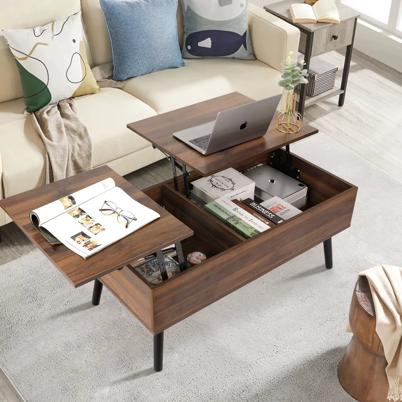 VOWNER-Table Basse artificiel évatrice avec Compartiment de Rangement Mathié et Caché, Plateau de Ta