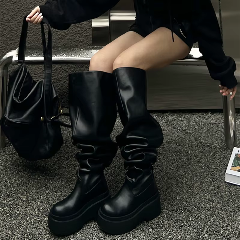 Bottes hautes au genou pour femmes, chaussons longs plissés à enfiler, talons carrés, chaussures pou
