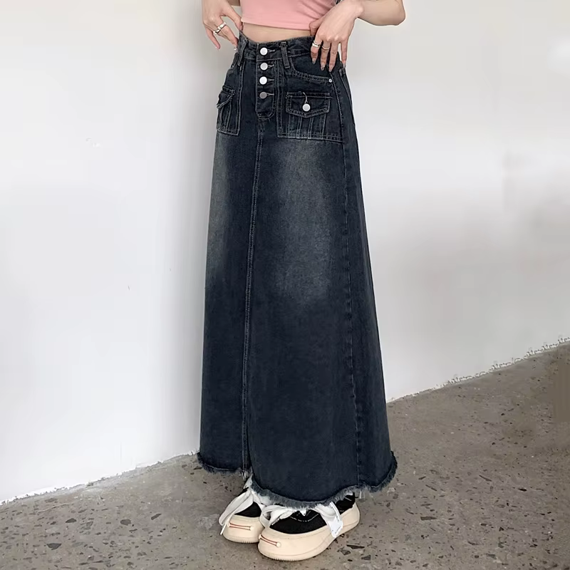 S-5XL Nouveau Vêtement de rue Jupe en jean Printemps Été Mode Ourlet effiloché Poche Taille haute Lo