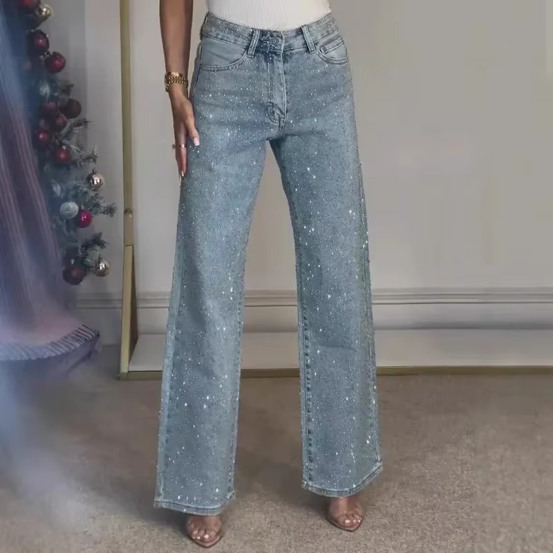 2025 femmes jean droit diamants pantalon Stretch taille haute lavé maman jean Y2k Streetwear pantalo
