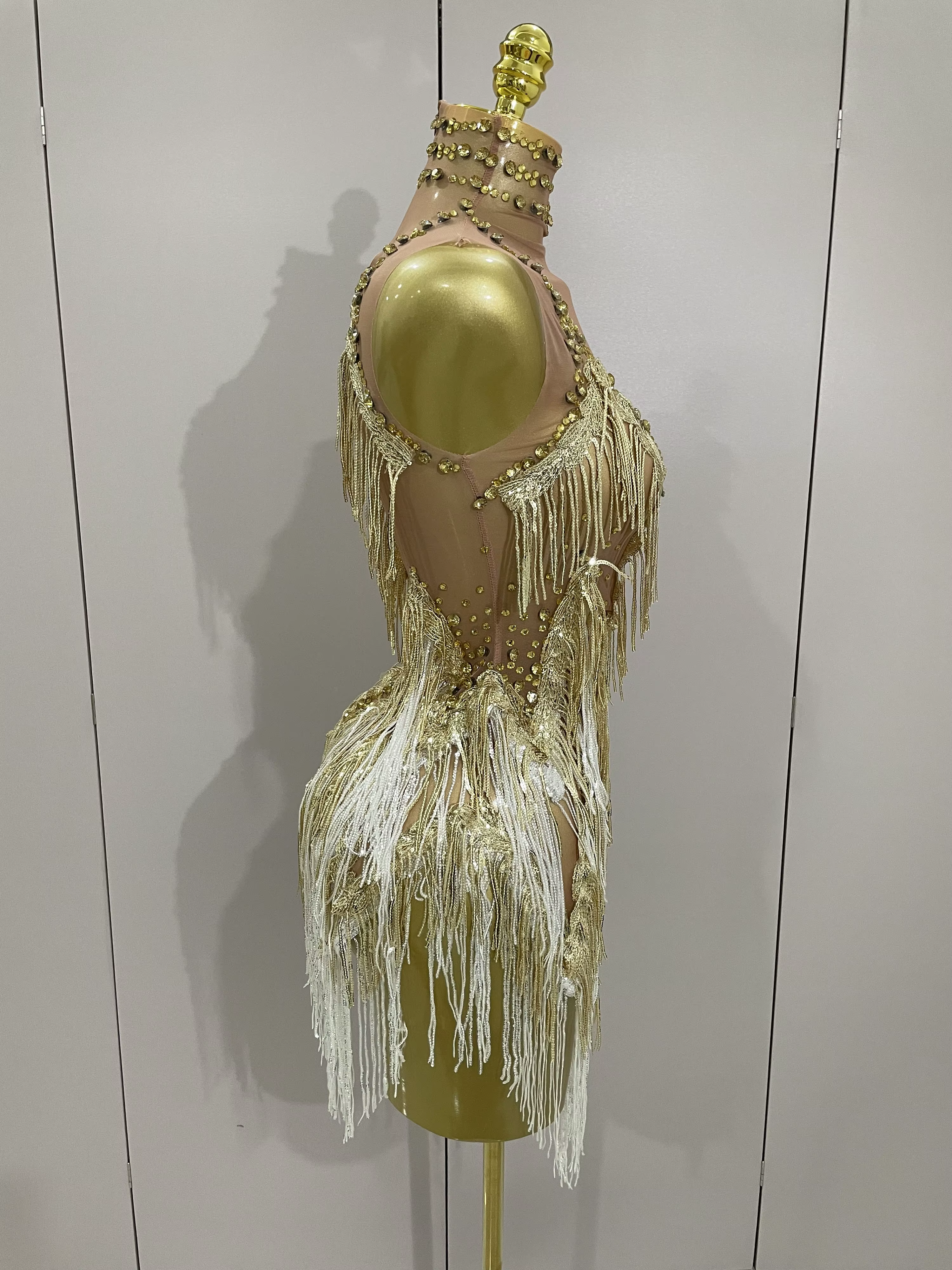 Stock 2025 femmes Sexy maille extensible brillant strass glands Mini robe discothèque chanteur danse
