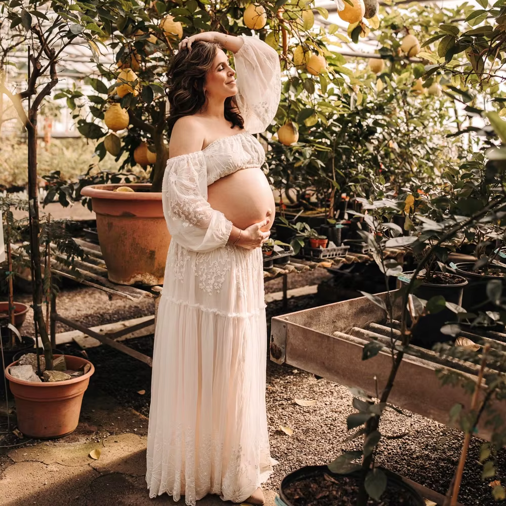 Robe de grossesse bohème pour séance Photo, robes élégantes, maille cryptée douce, broderie de fleur