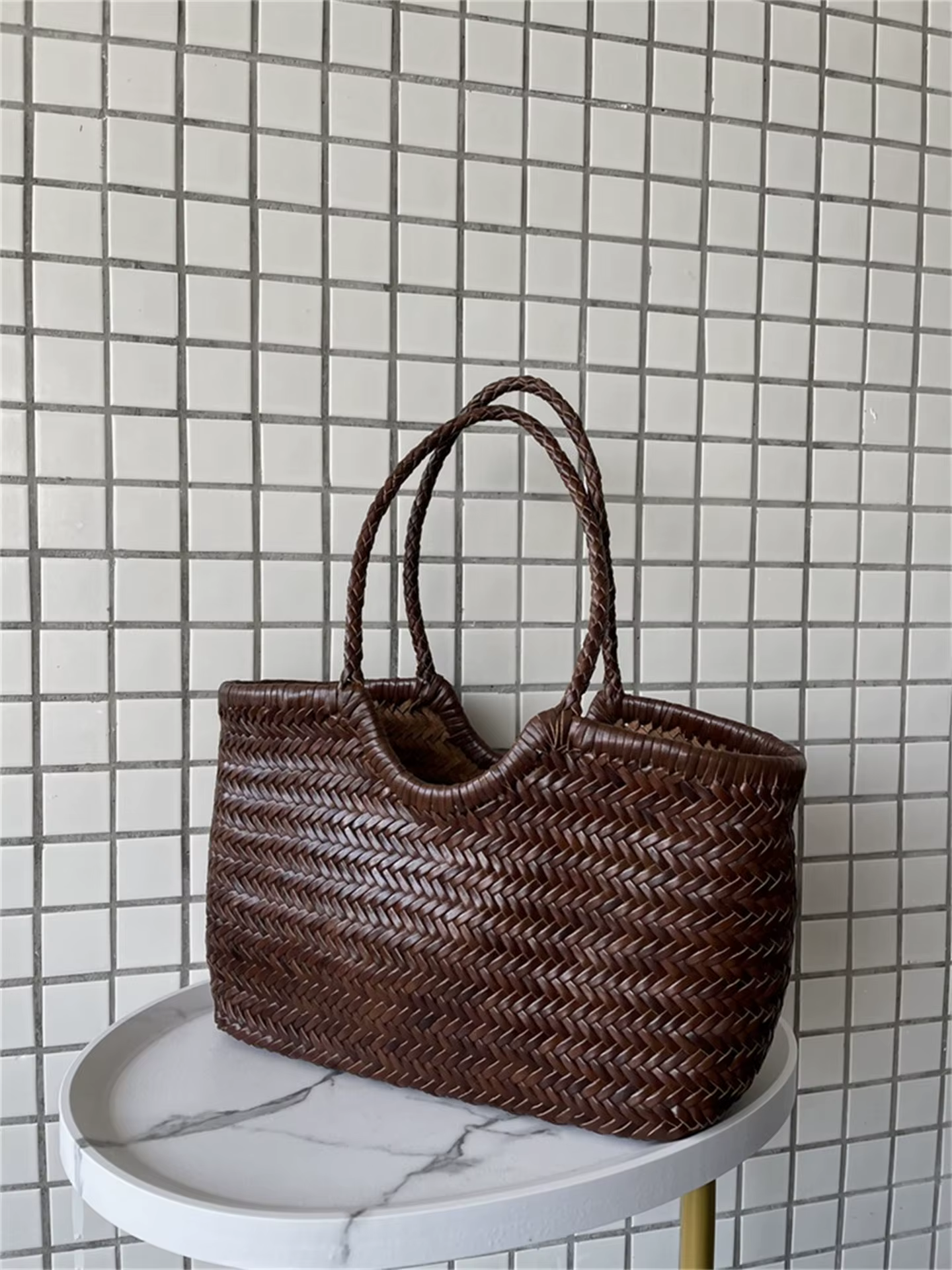 Sac tissé en cuir de vachette fait main français, sac cabas vintage à bandoulière unique, sac de cou
