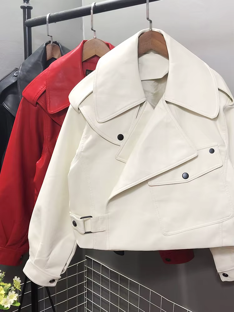 FTLZZ blouson de motard en similicuir femme, col rabattu, PU, Streetwear, ample, vêtement d'extérieu