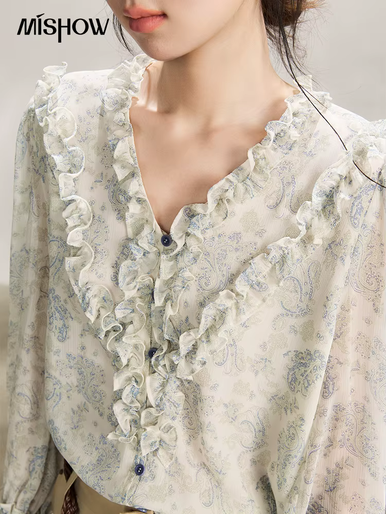 MISHOW – chemisier à volants pour femmes, bleu clair, imprimé Paisley, col en v, manches longues, en