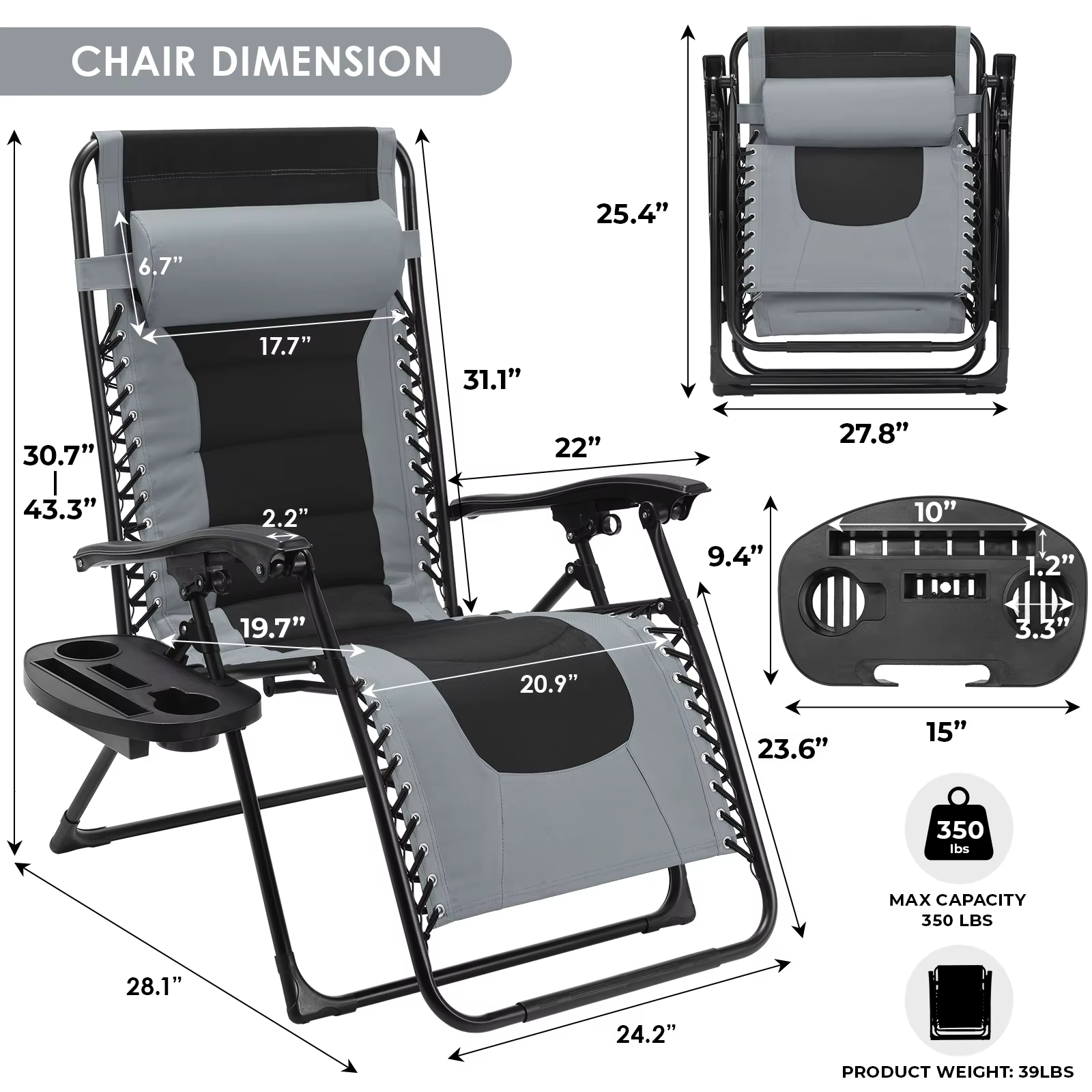 Chaise zéro gravité rembourrée, ensemble de 2 chaises inclinables pliables pour l'extérieur, chaise 