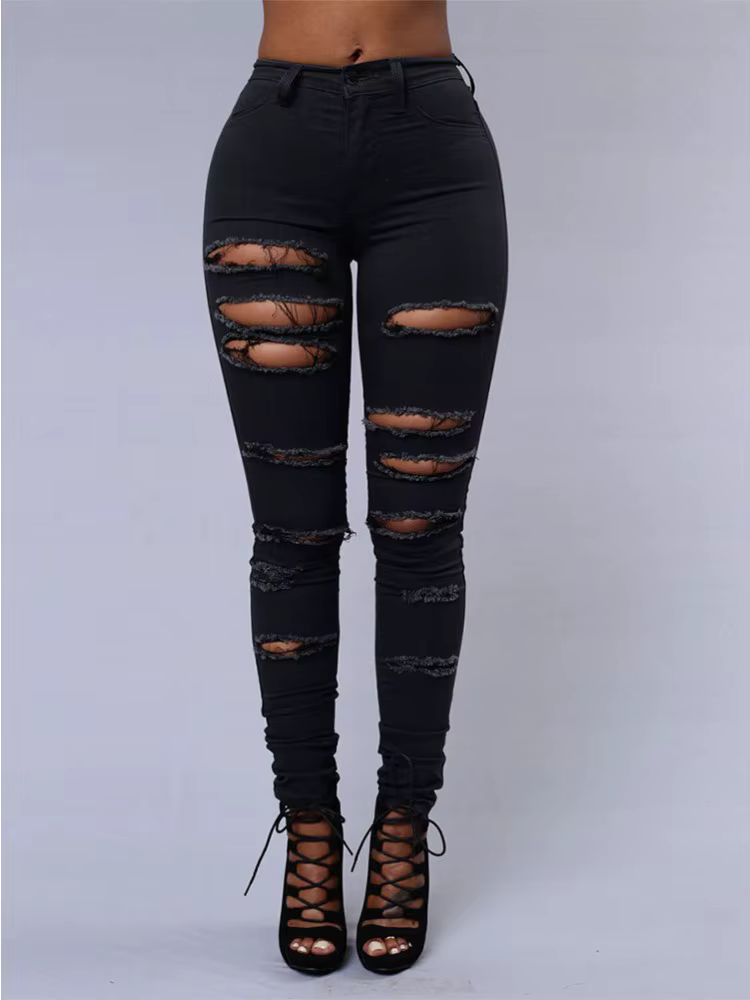 Jean polyvalent de couleur unie pour femmes, pantalon crayon ajouré européen et américain, coupe cin