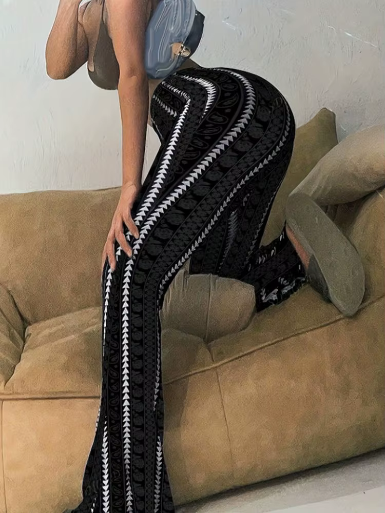 Femmes pantalons rétro imprimé Leggings évasés Sexy coupe ajustée pantalons décontractés Style de ru