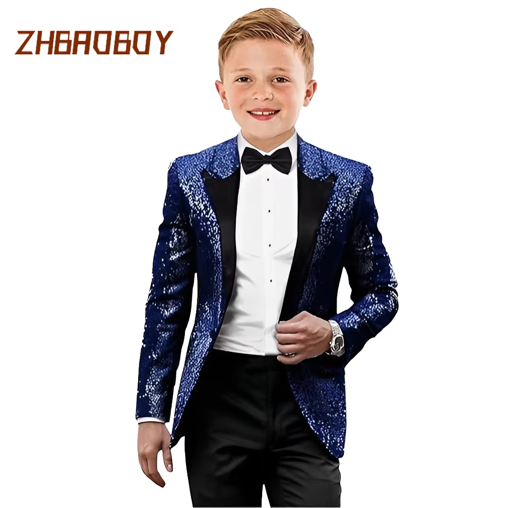 Costumes de smoking pour enfants, 2 pièces, à paillettes, coupe cintrée, vêtements formels, fête de