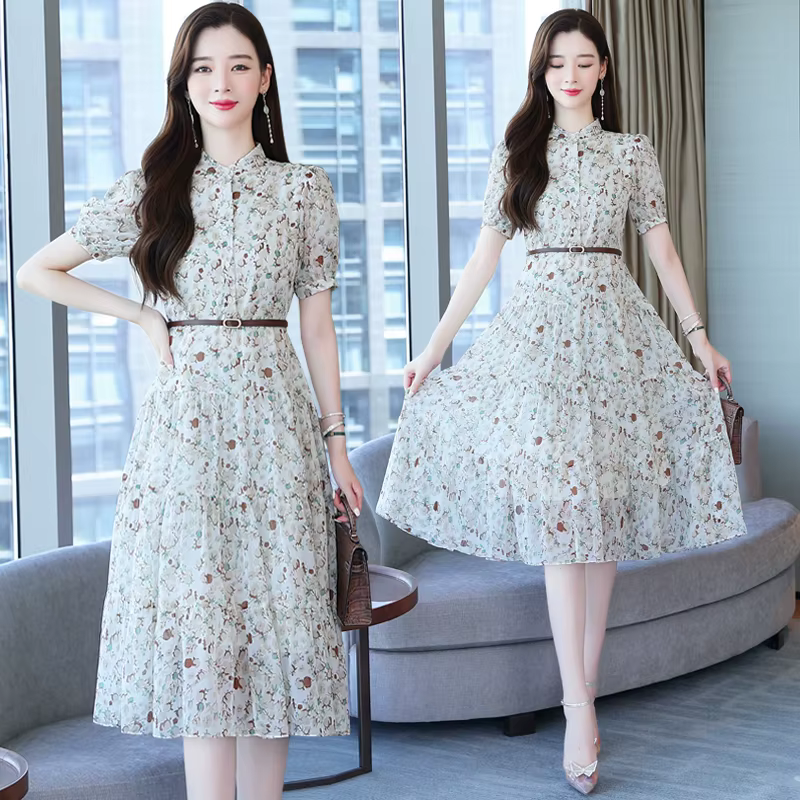 Robe mi-longue en mousseline de soie à fleurs pour femmes, manches courtes, mode décontractée, robe