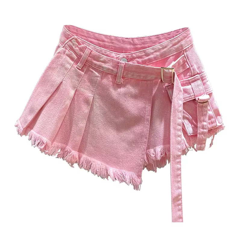 Mini jupe en jean rose irrégulière pour femme, taille haute, amincissante, faux deux pièces, vêtemen
