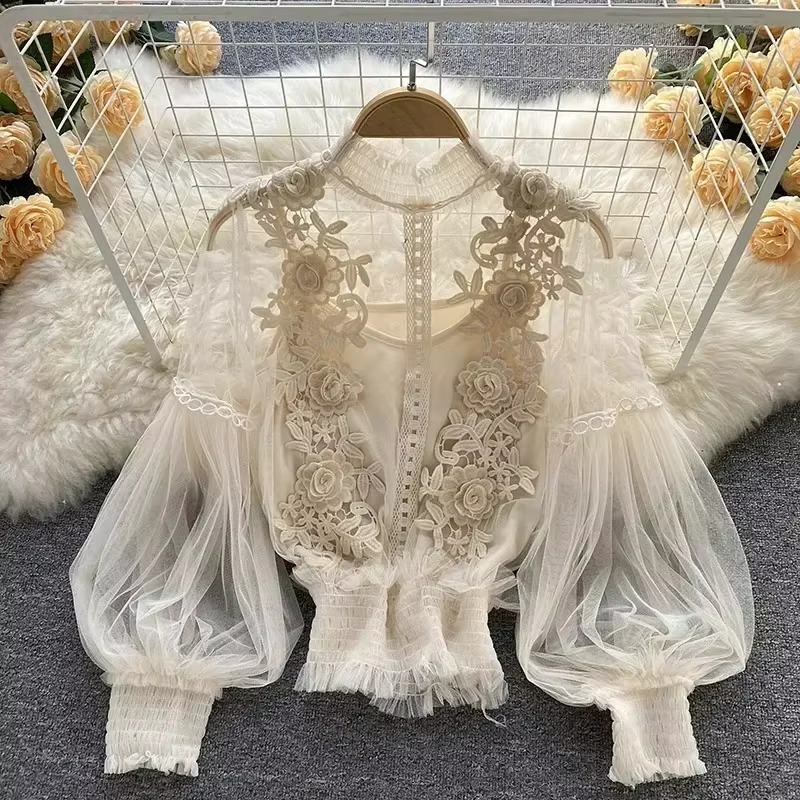 Dentelle bouffée à manches longues Blouse Vintage mode Blouses élégant Femme Blusas coréen Femme hau
