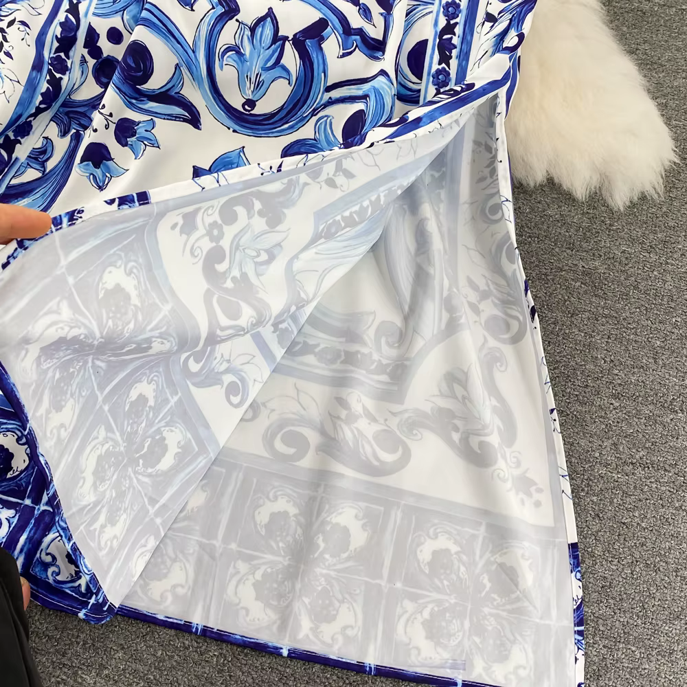 L'été Piste Bleu Et Blanc Porcelaine Lâche Longue Robe Femmes O-cou Manches Évasées Floral Inmprimé 