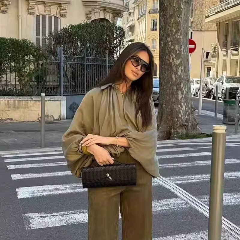 Veste bombardier femme manches longues plis vêtements de rue avec fermeture éclair vert Beige Vintag