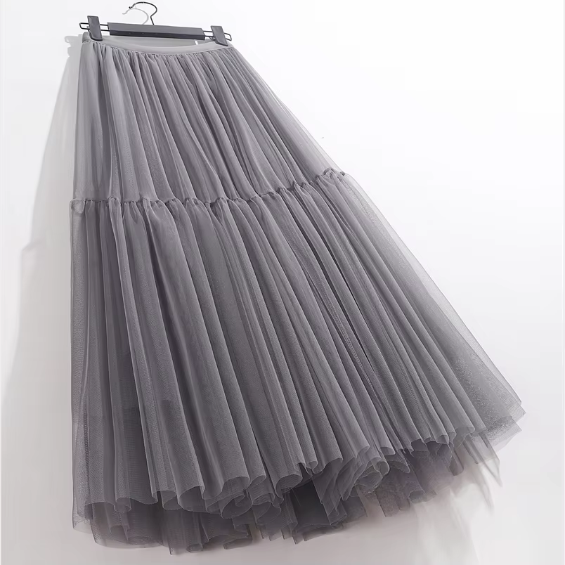 Jupes longues en tulle taille haute pour femmes, jupe tutu trapèze, vêtements en maille plissée pour