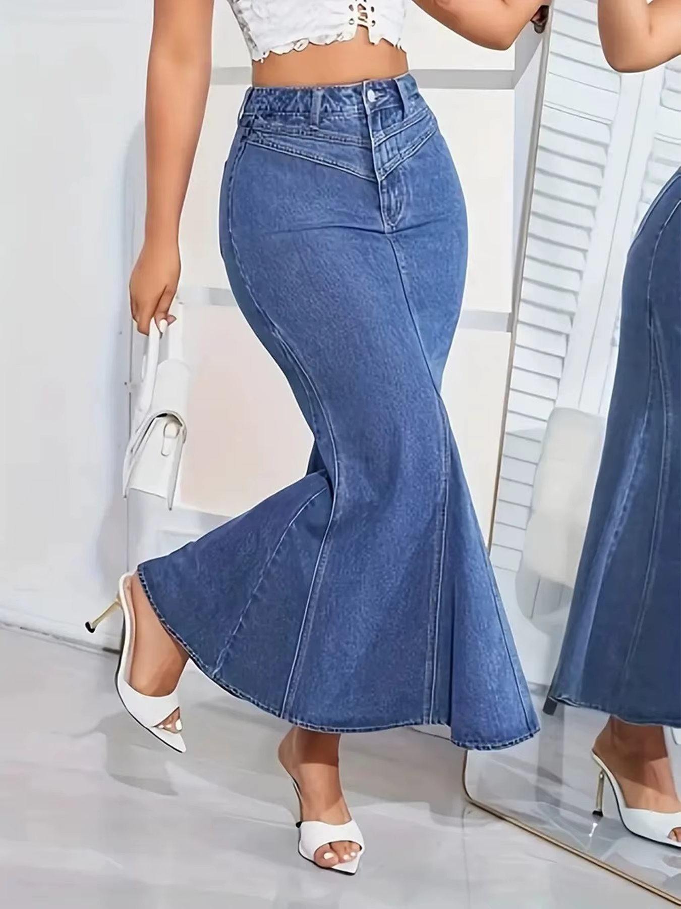 Jupe queue de poisson en jean rétro pour femmes, coupe ajustée, taille moyenne, élastique, demi-jupe