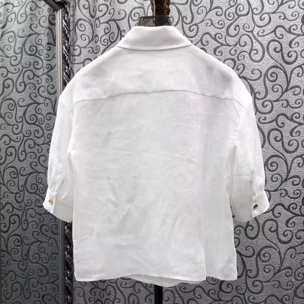 Chemisier 100% Lin pour Femme, Style Printemps-Été 2026, Col Rabattu, Imprimé Floral Violet, Manches