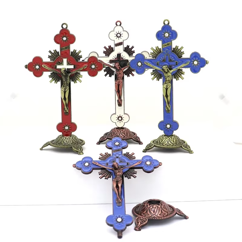 Figurines de reliques d'église, Crucifix de jésus-Christ sur le support, croix murale, décoration de