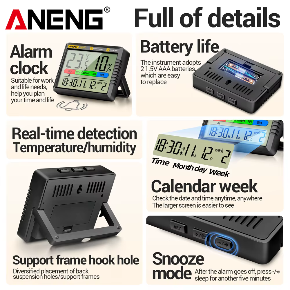 Thermomètre-hygromètre numérique ANENG AP01 avec mode alarme snooze, thermomètre d'air, humidité, mu