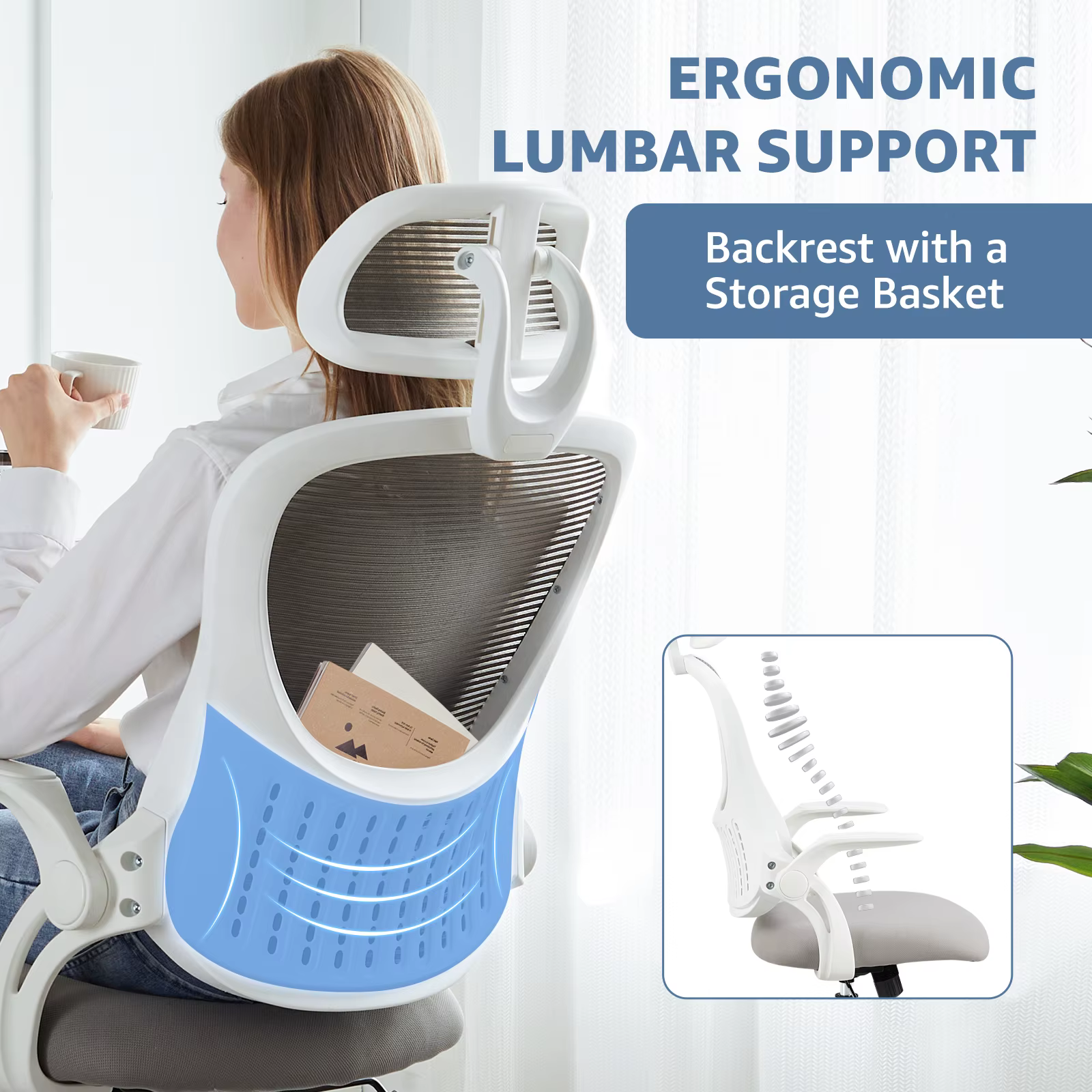 JHK – chaise de bureau ergonomique en maille, bras rabattables, appui-tête réglables, Support lombai