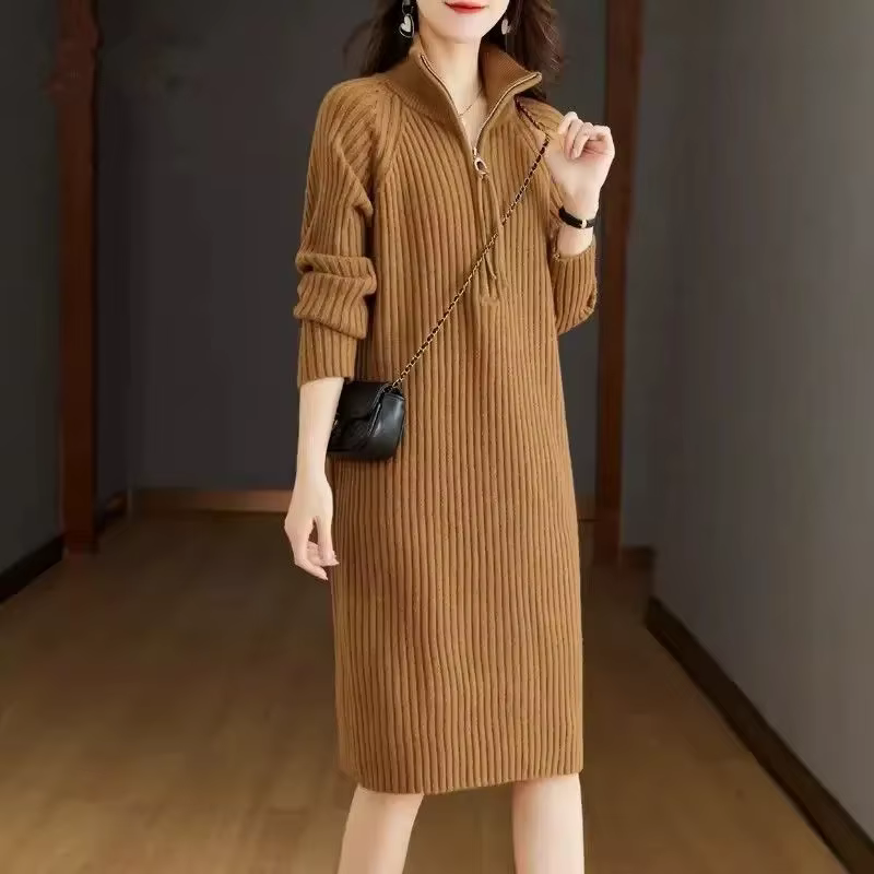 Robe à manches longues pour femmes, robe mi-longue, demi-fermeture éclair, monochromatique, grande r