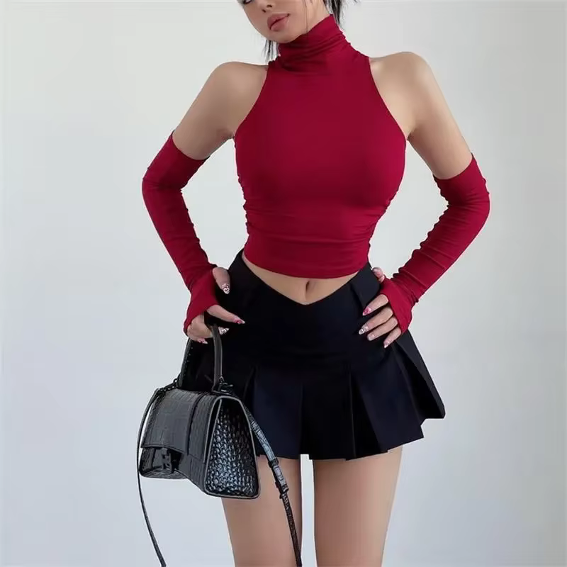 2025 nouveau épicé filles Y2k hauts manches longues Sexy col roulé débardeur pour femmes coupe ajust