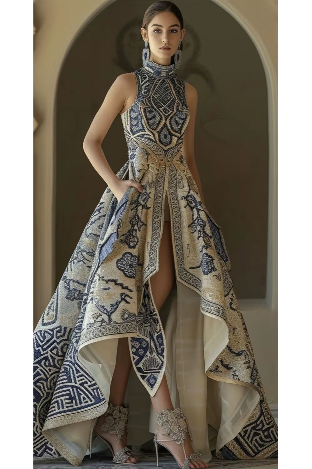 Robe longue asymétrique à imprimé géométrique pour femme, sans manches, col montant, avec poches, ro