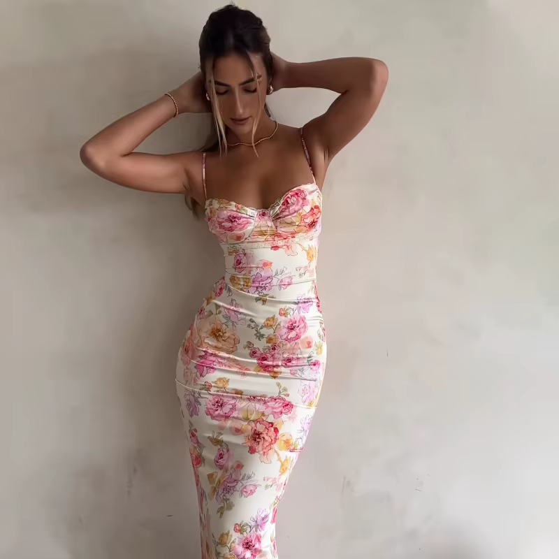 Robe à bretelles florales fendue, Slim, sans manches, Style plage, bretelles Spaghetti, vêtements po