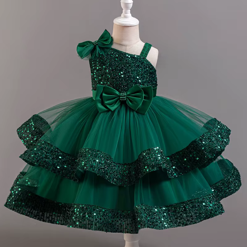 Robe de princesse en maille pour filles, avec nœud à paillettes, col irrégulier, pour fête d'anniver