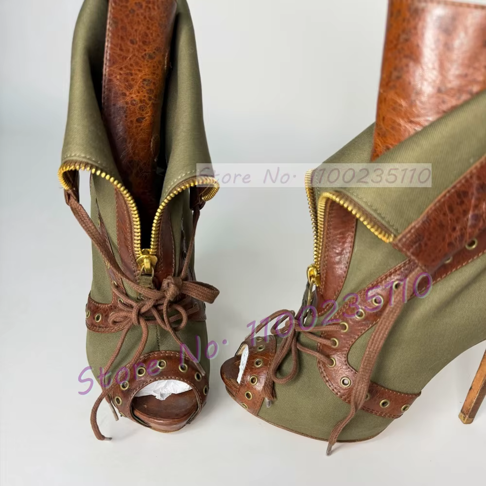 Sandales vert armée en jean patchwork pour femme, sexy, à bout ouvert, avec fermeture éclair décorat