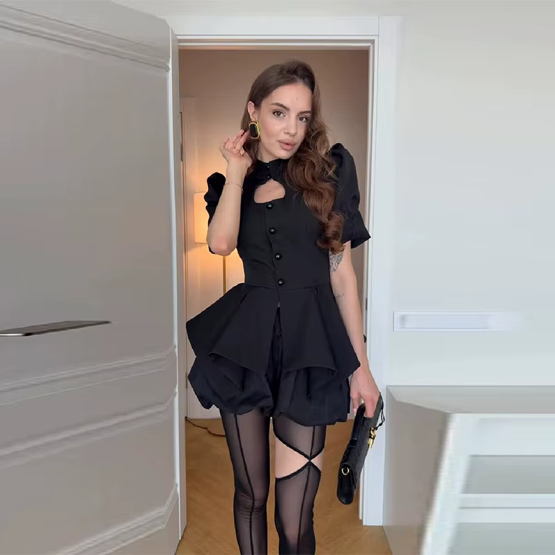 Ensemble deux pièces gothique noir pour femmes, haut à manches bouffantes et short taille haute, ten