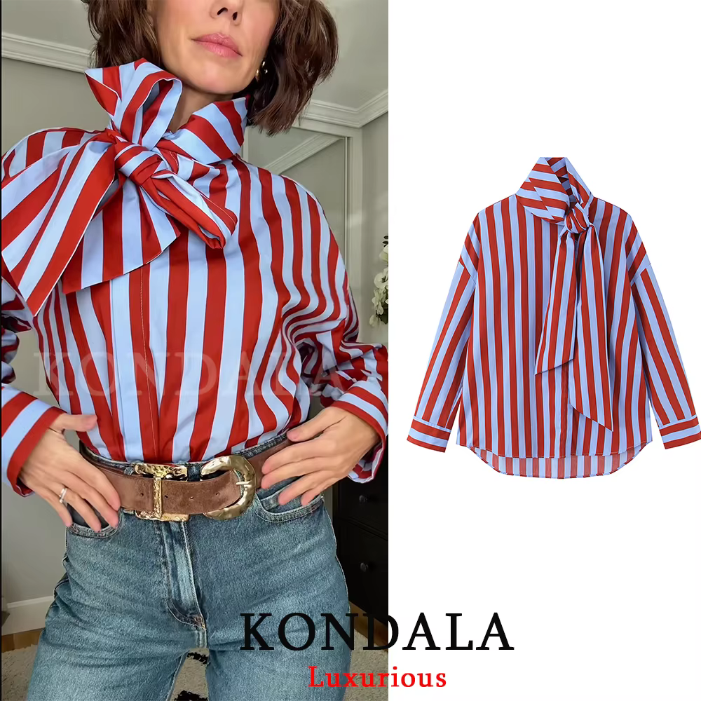 KONDALA Blouse Vintage Femme Rayée Col Rabattu Nœud Manches Longues Boutonnage Simple Mode Printemps