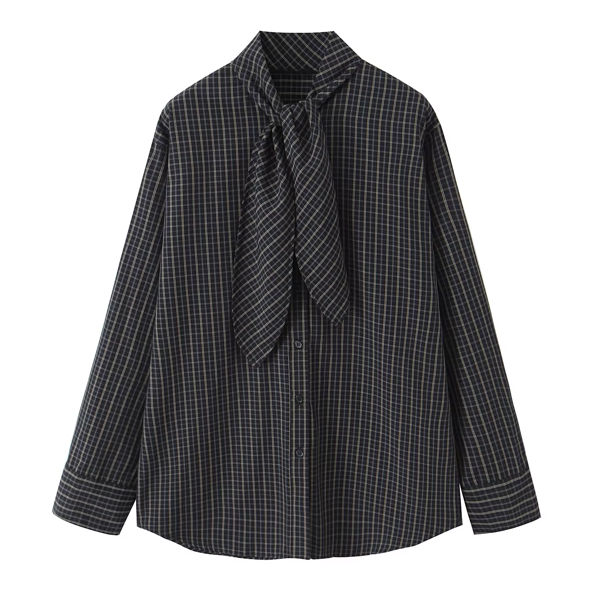 DUOPERI femmes avec nœud Plaid simple boutonnage Blouse col écharpe manches longues femme élégante C